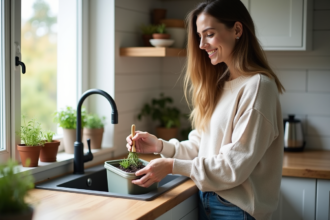 Femme en cuisine transformant des déchets en compost