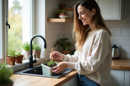 Femme en cuisine transformant des déchets en compost