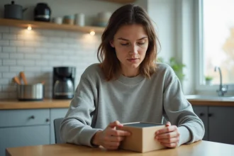 Femme examinant un produit KIMEO France dans son emballage d'origine sur une table de cuisine moderne