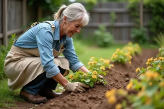 Femme examinant le feuillage jauni des plants de pommes de terre pour savoir quand récolter
