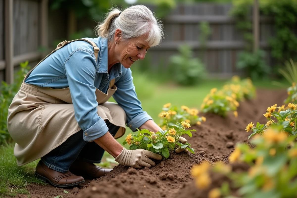 Femme examinant le feuillage jauni des plants de pommes de terre pour savoir quand récolter