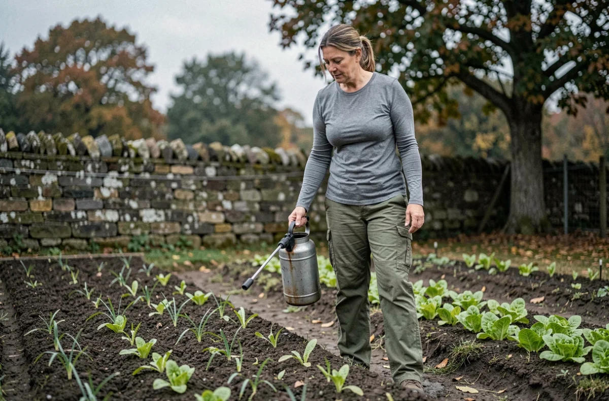 Femme hésitant à utiliser un pulvérisateur d'herbicide au bord de son potager de légumes