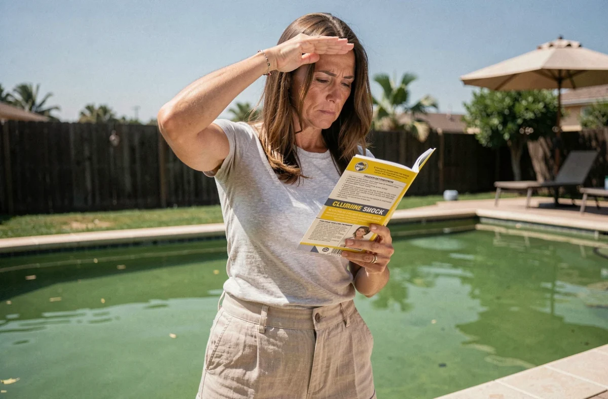 Femme lisant les instructions d'un traitement choc chlore devant une piscine verte à traiter