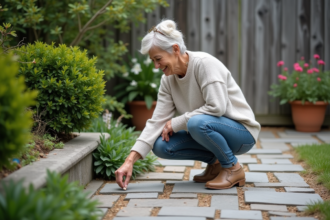 Femme kneeling découvrant un coffre caché sous une pierre de jardin