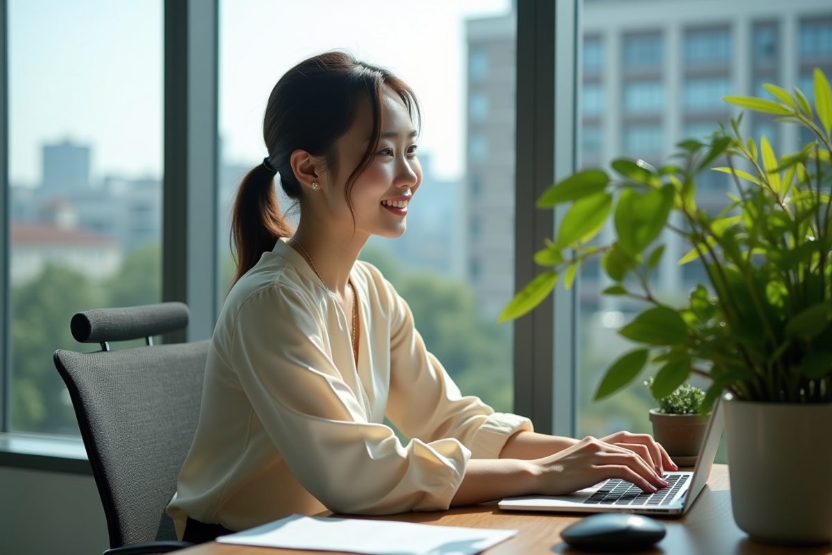 Jeune femme au bureau prenant soin d