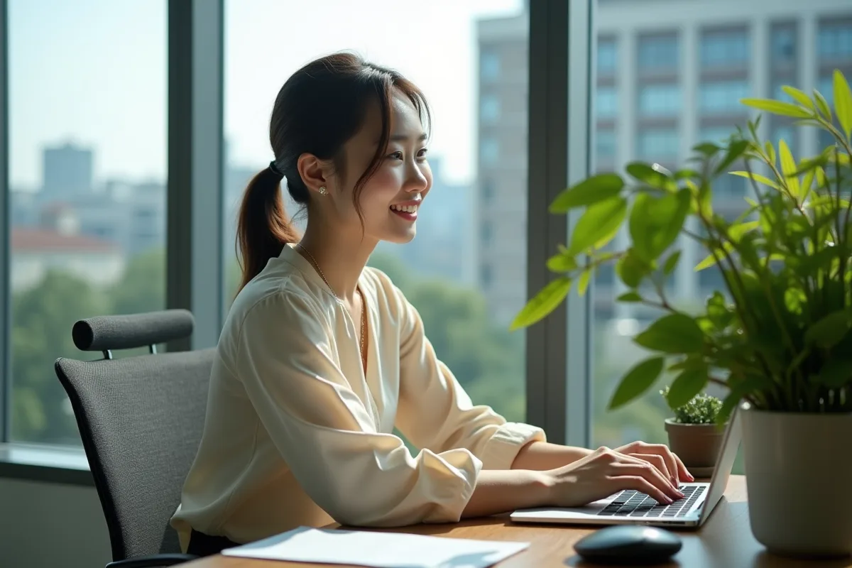 Jeune femme au bureau prenant soin d