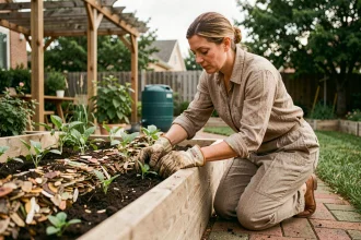 Femme aménageant un jardin écologique avec des bacs en bois, compost et récupérateur d'eau de pluie pour un budget maîtrisé en 2026