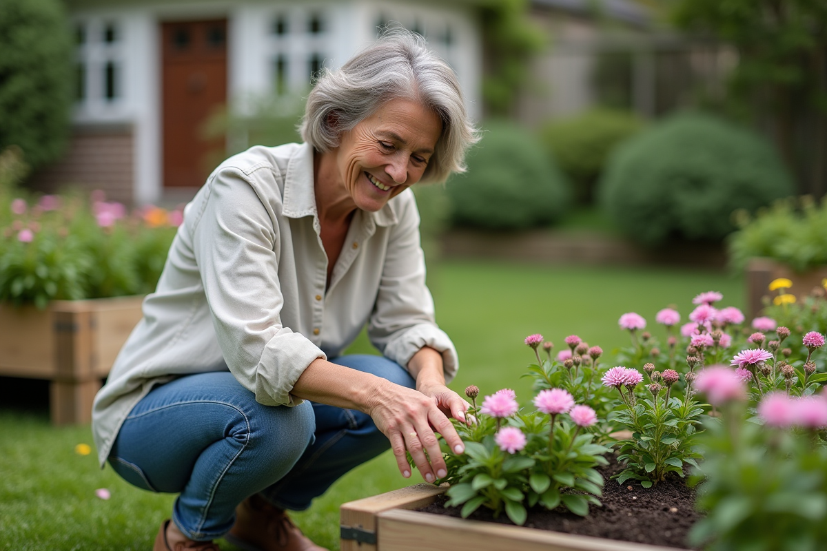 Femme d'âge moyen dans un jardin en train de prendre soin des fleurs