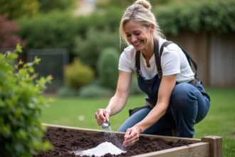 Femme dans le jardin saupoudrant de la chaux agricole