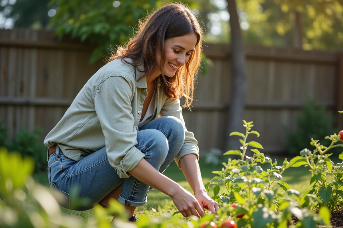 Femme dans son jardin examinant des plants de tomates