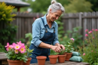 Femme jardinant avec bougainvillea dans un jardin