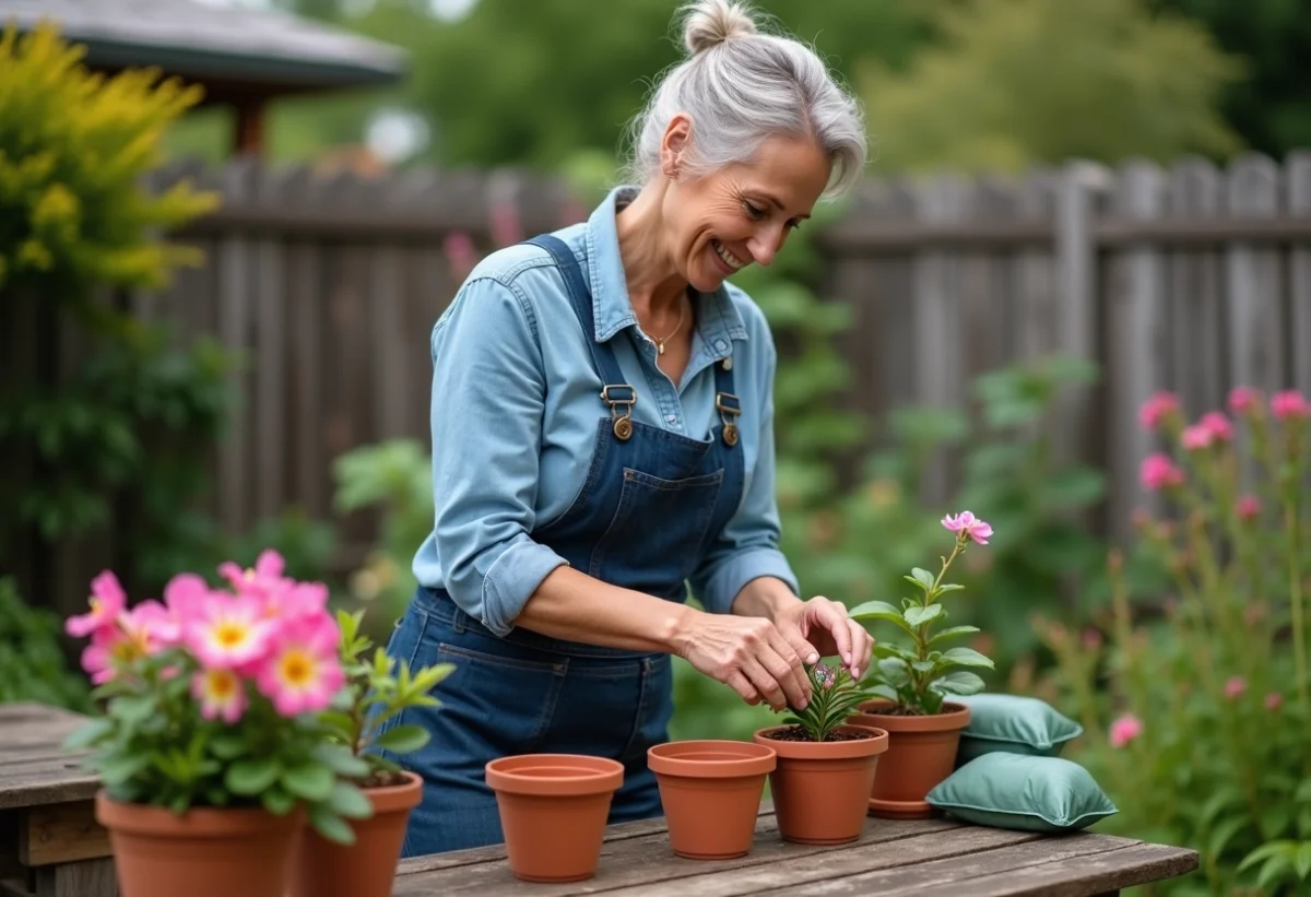 Femme jardinant avec bougainvillea dans un jardin