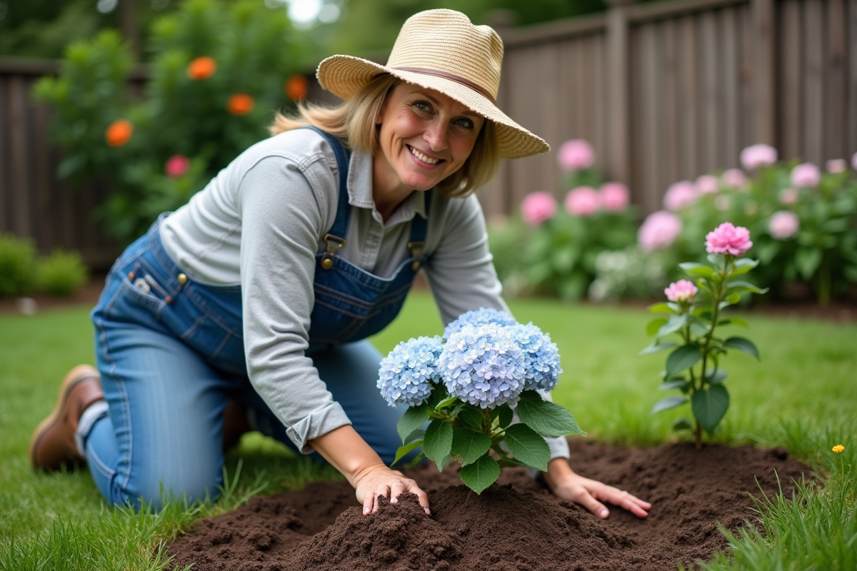 Femme en salopette plantant une hortensia dans le jardin
