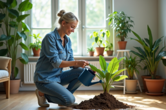 Femme d'âge moyen arrosant une plante d'intérieur