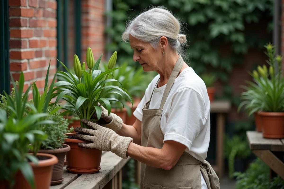 Femme jardinière repositionnant un lys oriental en pot sur une terrasse urbaine ensoleillée pour optimiser son exposition au soleil