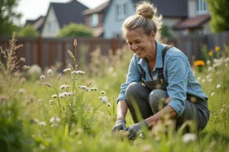 Femme d'âge moyen en tenue de jardinage dans un pré sauvage