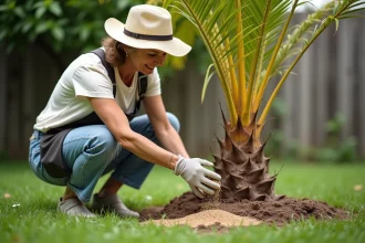 Femme en chapeau jardinant près d'un palmier jaunissant