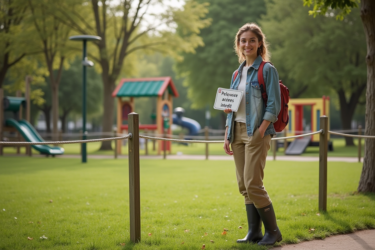 Jeune femme avec panneau interdiction de piétiner la pelouse