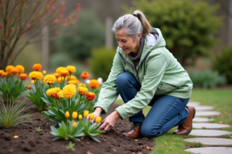 Femme plantant des fleurs colorées dans le jardin au printemps