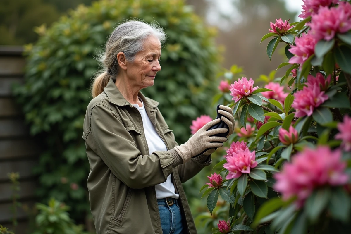 Femme inspectant un rhododendron en jardin