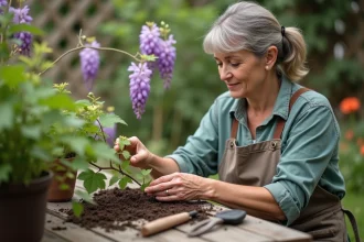 Femme en vêtements de jardinage taillant une glycine saine
