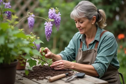 Femme en vêtements de jardinage taillant une glycine saine