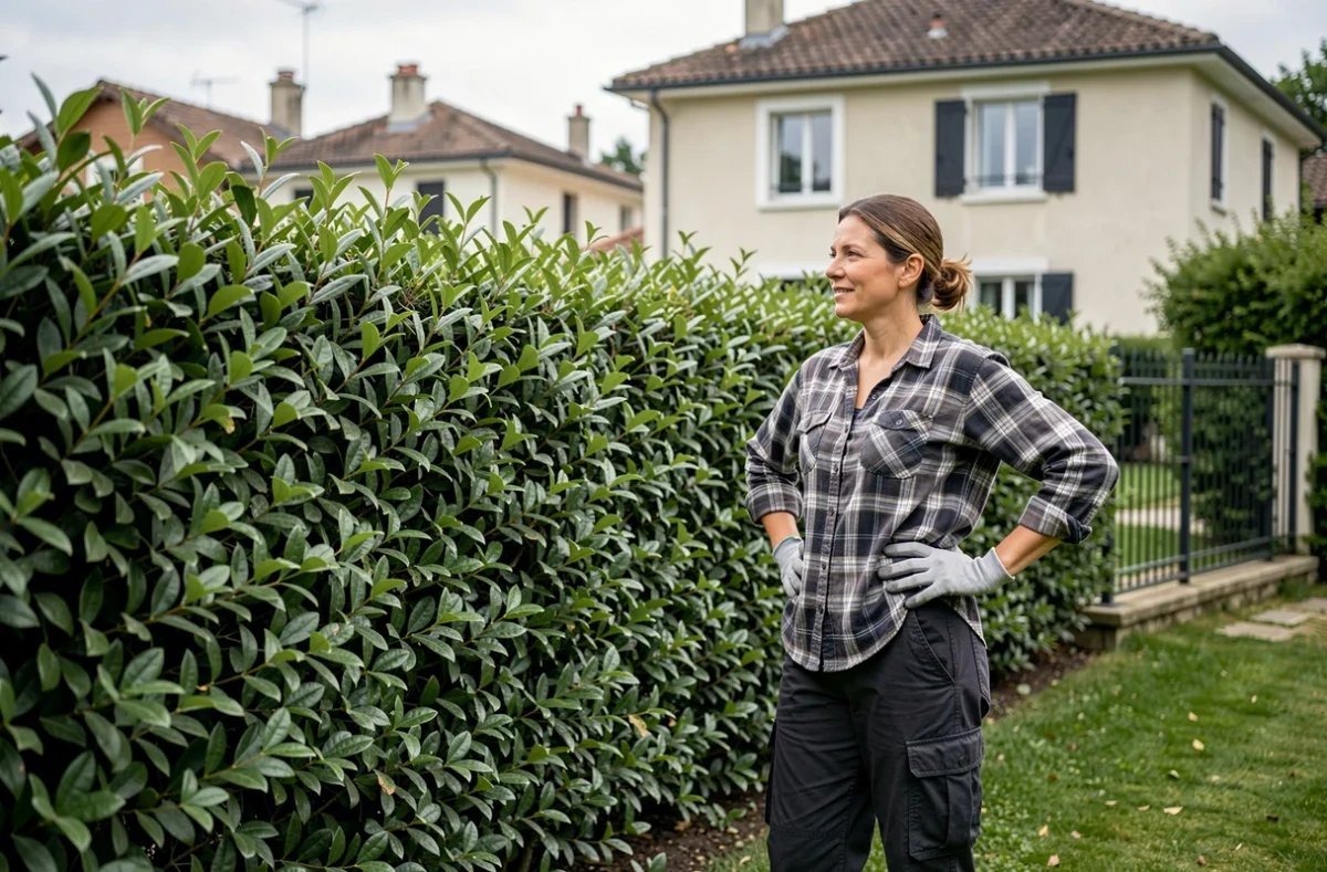 Femme jardinière inspectant une longue haie de laurier taillée dans un jardin résidentiel en France