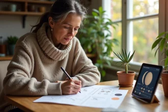 Femme française écrivant dates lunaires sur un calendrier