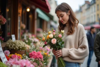 Jeune femme au marché aux fleurs examine un bouquet
