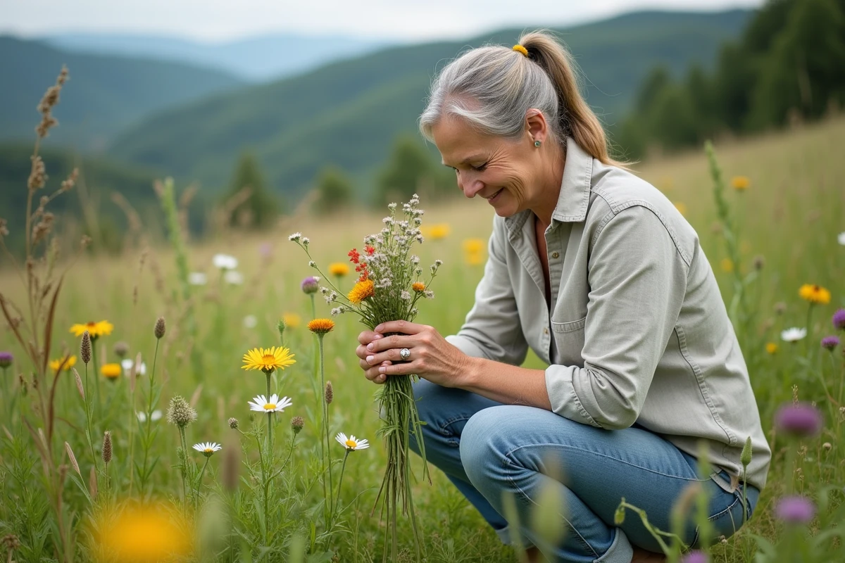 Femme dans la prairie examine des fleurs sauvages