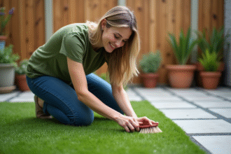 Femme en t-shirt vert nettoyant un gazon synthétique dans son jardin