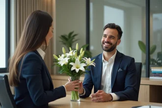 Femme en blazer offrant des lys blancs à un collègue au bureau