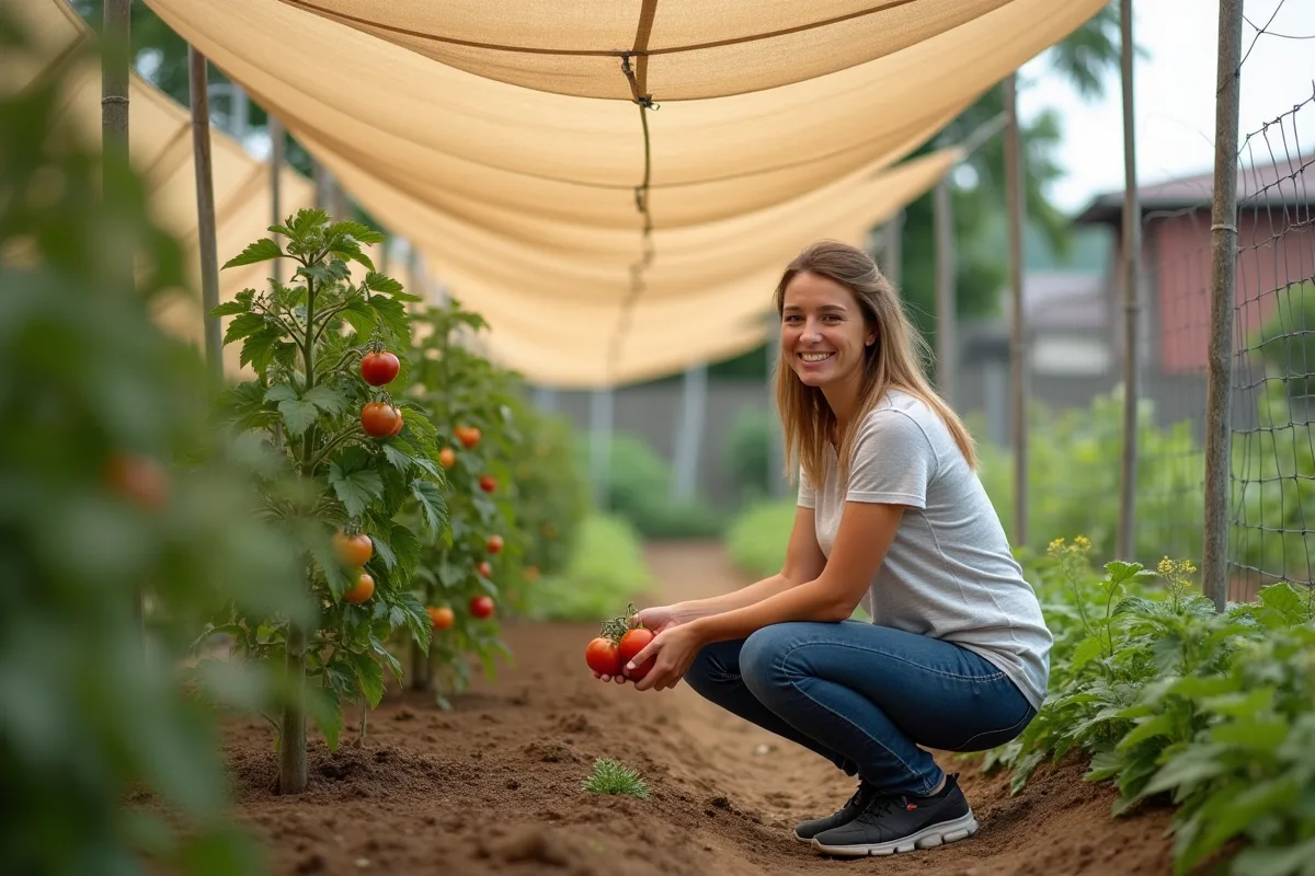 Femme inspectant des tomates sous un filet d