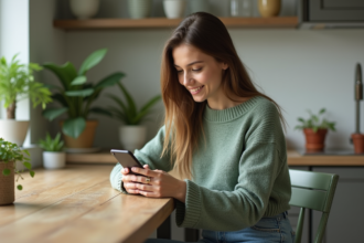 Jeune femme utilisant une application de plantes sur smartphone