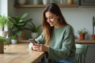 Jeune femme utilisant une application de plantes sur smartphone