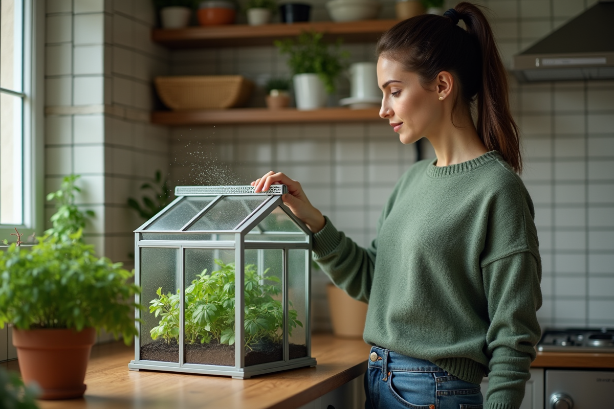 Femme arrosant plantes dans serre de cuisine cosy