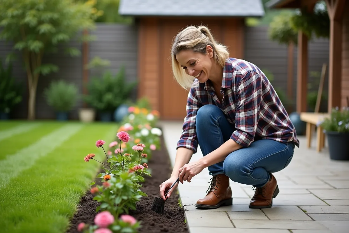 Femme plantant des fleurs dans le jardin ensoleille