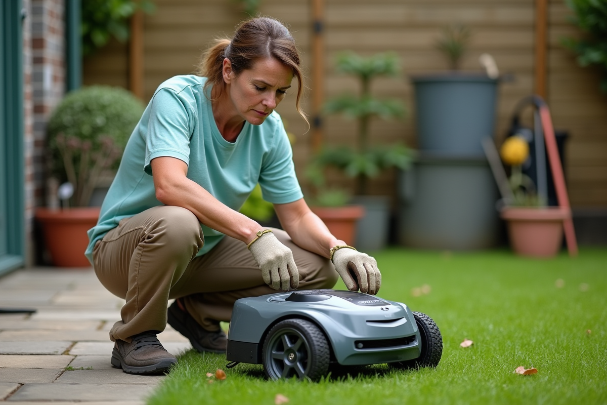 Femme inspectant une tondeuse robot dans le jardin