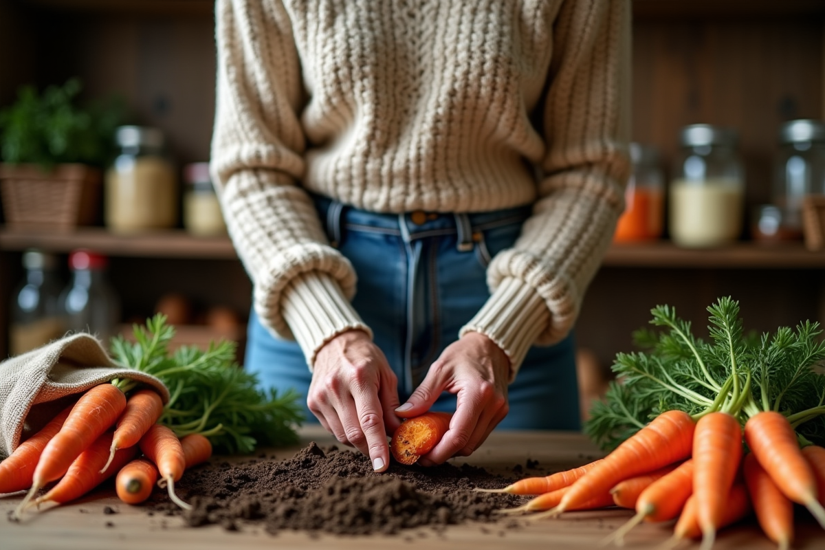 Femme âgée nettoyant des carottes dans sa cuisine chaleureuse