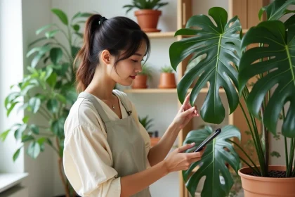 Femme inspectant les feuilles d'un monstera avec une application de soin des plantes d'intérieur sur smartphone