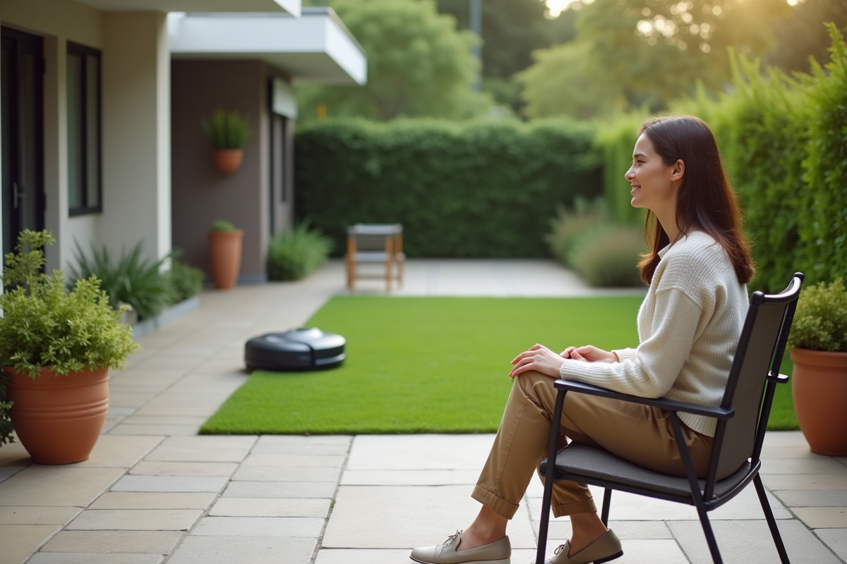 Femme souriante regardant la tondeuse robot dans le jardin