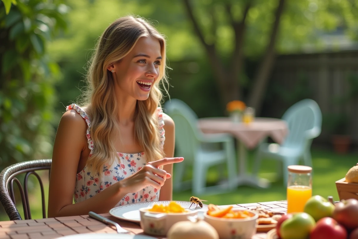 Jeune femme surprise pointant un frelon asiatique
