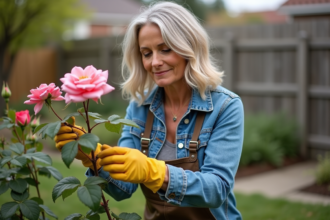 Femme en jardinage taillant un rosier en extérieur