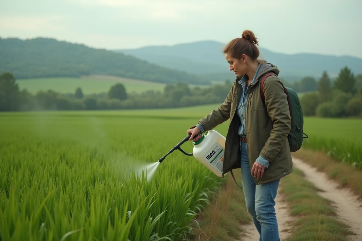Femme pulvérise herbicide dans un champ vert luxuriant