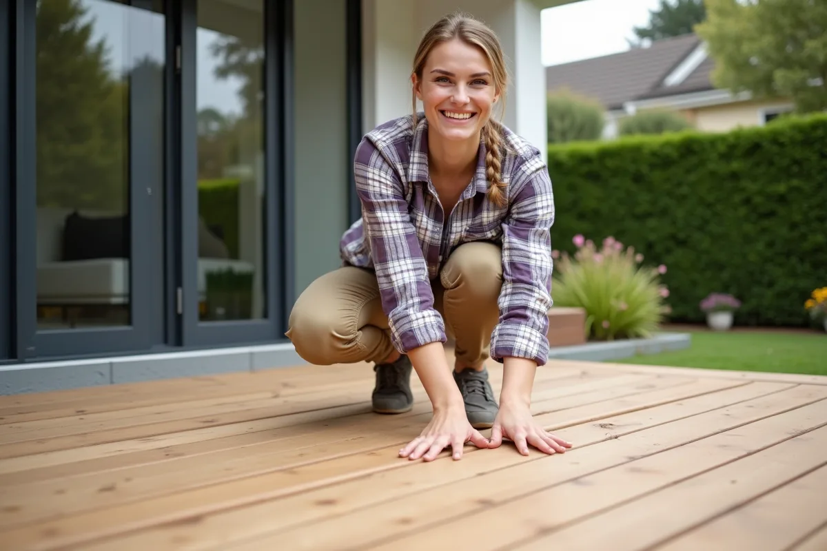Jeune femme pointant les supports de la terrasse en bois