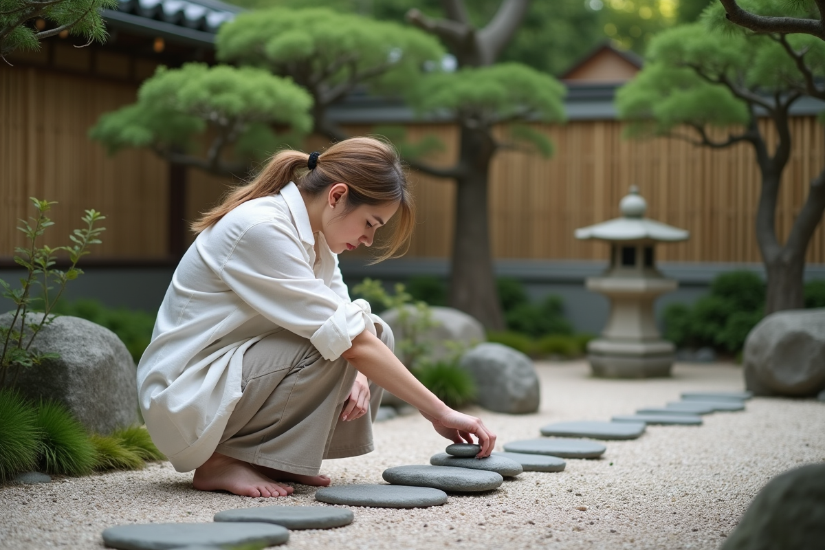 Femme méditant dans un jardin zen japonais paisible