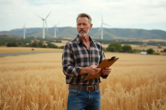 Paysage rural avec fermier et champs de blé en Espagne