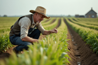 Fermier en tenue de travail inspectant des cultures dans un champ rural