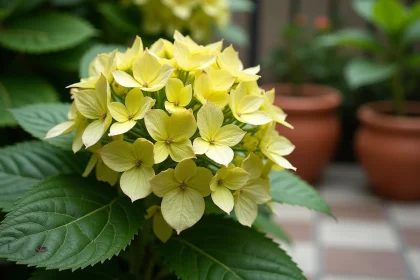 Feuilles d'hortensia jaunissantes avec signes de chlorose visibles en gros plan dans un jardin résidentiel