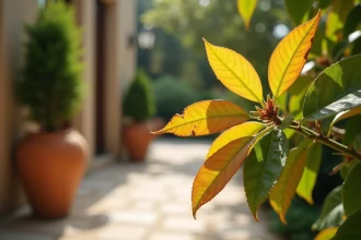 Feuilles jaunes sur un laurier rose au printemps avec contraste entre feuillage sain et feuillage jaunissant